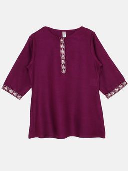 KiddoPanti - Girls Wine Rayon 3/4Th Sleeve Short Kurta