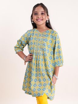 KiddoPanti - Girls Blue Cotton Ethnic Printed Kurta