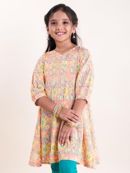 KiddoPanti - Girls Peach Cotton Ethnic Embroidered Kurta