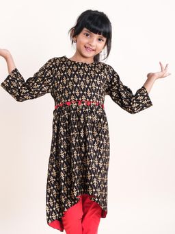 KiddoPanti - Girls Black Rayon Asymmetric Hem 3/4Th Sleeve Kurta