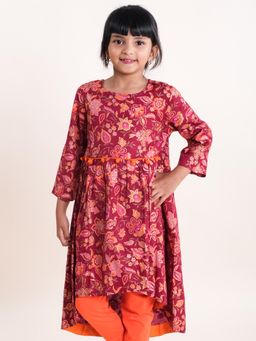 KiddoPanti - Girls Maroon Rayon Floral Print 3/4Th Sleeve Kurta