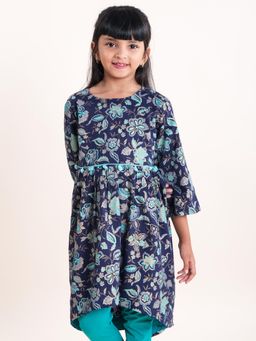 KiddoPanti - Girls Navy Blue Rayon Floral Print 3/4Th Sleeve Kurta