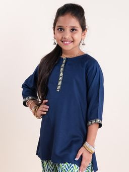 KiddoPanti - Girls Navy Blue Rayon 3/4Th Sleeve Short Kurta
