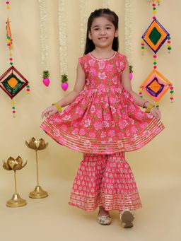 The Mom Store - Cotton Sleeveless Floral Printed Gulabi Rani Pink Kurta and Sharara