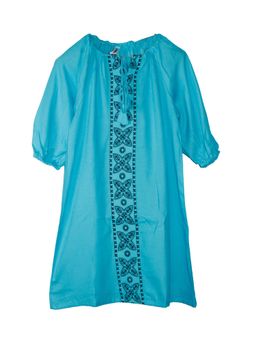 KiddoPanti - Girls Blue Rayon Full Sleeve Neck Tie Up Kurta