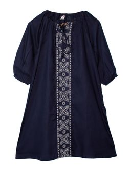 KiddoPanti - Girls Navy Blue Rayon Full Sleeve Neck Tie Up Kurta