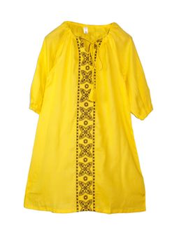 KiddoPanti - Girls Yellow Rayon Full Sleeve Neck Tie Up Kurta