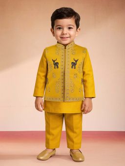 Vastramay - Mustard Silk Blend Embroidered Nehru Jacket With Kurta & Pyjama For Boys