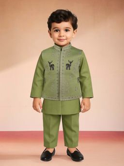 Vastramay - Pista Green Silk Blend Embroidered Nehru Jacket With Kurta & Pyjama For Boys