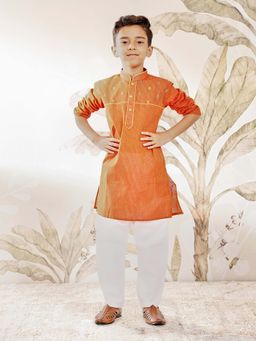 Vastramay - Orange Cotton Embroidered Full Sleeves Kurta And Pyjama For Boys