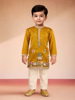 Vastramay - Mustard Silk Blend Embroidered Kurta With Pyjama For Boys
