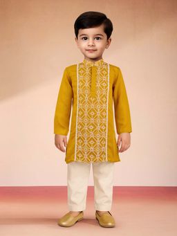 Vastramay - Mustard Satin Printed Kurta With Pyjama For Boys