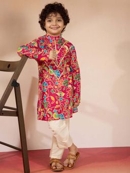 Vastramay - Pink Cotton Muslin Printed Kurta With Pyjama For Boys