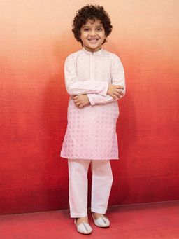 Vastramay - Pink Cotton Blend Sequin Kurta With Pyjama For Boys