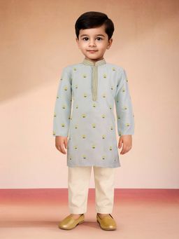 Vastramay - Blue Satin Embroidered Kurta With Pyjama For Boys