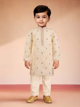 Vastramay - Yellow Satin Embroidered Kurta With Pyjama For Boys