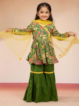 Vastramay - Green Cotton Cambric Kurta With Sharara & Dupatta For Girls