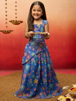 Vastramay - Blue Organza Floral Lehenga And Choli For Girls