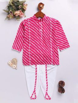 Vastramay - Pink Cotton Full Sleeves Leheriya Print Kurta With Dhoti For Boys