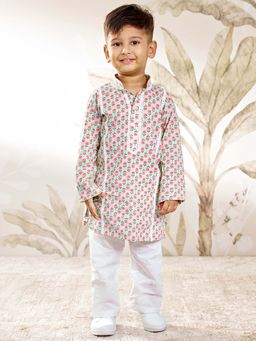 Vastramay - Blue Cotton Full Sleeves Floral Printed Lace Work Kurta & Pyjama