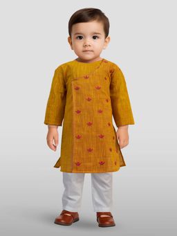 Vastramay - Mustard Cotton Full Sleeves Embroidered Kurta & Pyjama