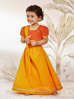 Vastramay - Girls Orange Cotton Embroidered Lehenga With Choli & Dupatta