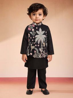 Vastramay - Black Silk Blend Embroidered Nehru Jacket With Kurta & Pyjama For Boys