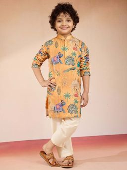 Vastramay - Yellow Sequin Printed Kurta With Pyjama For Boys