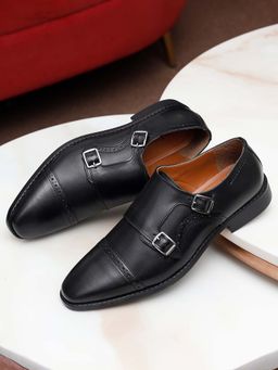 Louis Stitch - Men Jet Black Premium Italian Leather Formal Monk Shoes