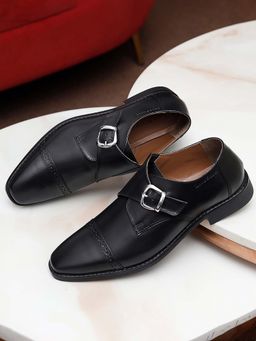 Louis Stitch - Men Jet Black Premium Italian Leather Formal Monk Shoes