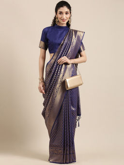 Akhilam - navy blue Festive Organza Woven Design Saree With Unstitched Blouse