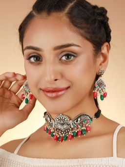 Priyaasi - Oxidised Silver Multi Color Peacock Jewellery (Set of 2)