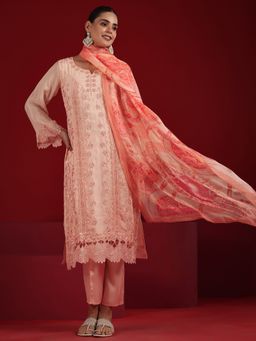 Libas Art - Peach Organza Round Neck Kurta with Pant and Dupatta (Set of 3)