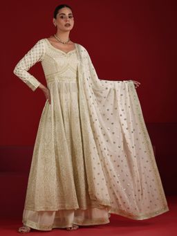 Libas Art - Off White Silk Blend V-Neck Kurta with Palazzo and Dupatta (Set of 3)