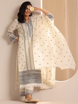Libas - Off White Pure Cotton V-Neck Kurta with Pant and Dupatta (Set of 3)
