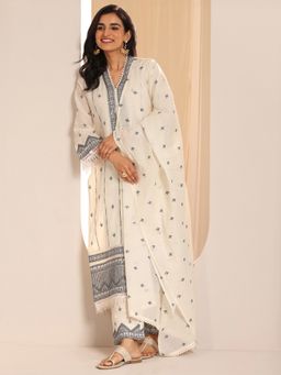 Libas - Off White Pure Cotton V-Neck Kurta with Pant and Dupatta (Set of 3)