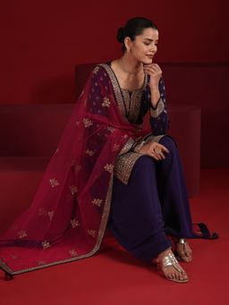 Libas Art - Purple Silk Blend Round Neck Kurta with Patiala and Dupatta (Set of 3)