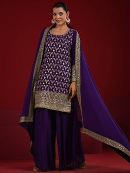 Libas Art - Purple Georgette Round Neck Kurta with Palazzo and Dupatta (Set of 3)