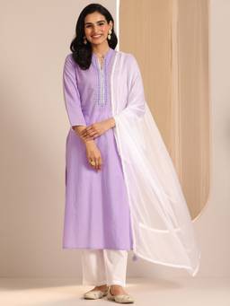Libas - Lavender Pure Cotton Mandarin Neck Kurta with Pant and Dupatta (Set of 3)