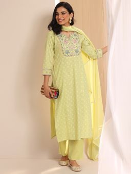 Libas - Yellow Pure Cotton Round Neck Kurta with Pant and Dupatta (Set of 3)