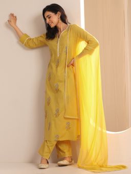 Libas - Yellow Pure Cotton V-Neck Kurta with Pant and Dupatta (Set of 3)
