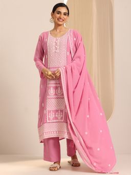Libas - Pink Georgette Round Neck Kurta with Pant and Dupatta (Set of 3)