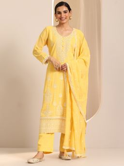 Libas - Yellow Georgette Round Neck Kurta with Pant and Dupatta (Set of 3)