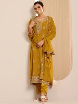 Libas - Mustard Georgette Round Neck Kurta with Pant and Dupatta (Set of 3)