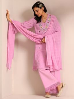 Libas - Lavender Pure Cotton V-Neck Kurta with Palazzo and Dupatta (Set of 3)