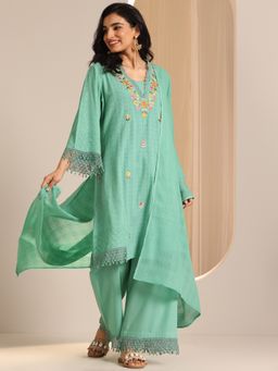 Libas - Green Pure Cotton V-Neck Kurta with Palazzo and Dupatta (Set of 3)