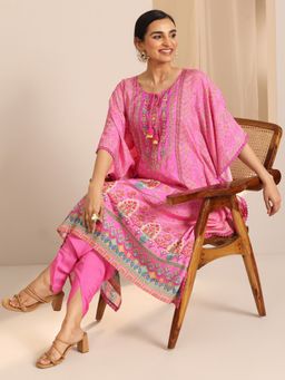 Libas - Pink Muslin Round Neck Kaftan with Pant (Set of 2)