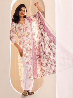 Libas - Off White Cotton V-Neck Kurta with Pant and Dupatta (Set of 3)