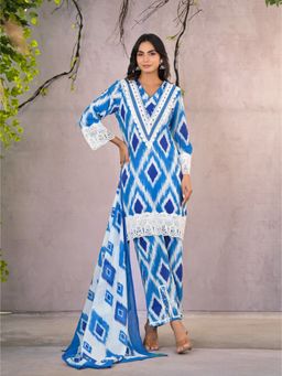 Autumnlane - Blue Cotton V-Neck Kurta with Pant and Dupatta (Set of 3)