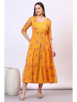 Aurelia - Yellow Cotton Blend V-Neck Kurta with Gillet (Set of 2)